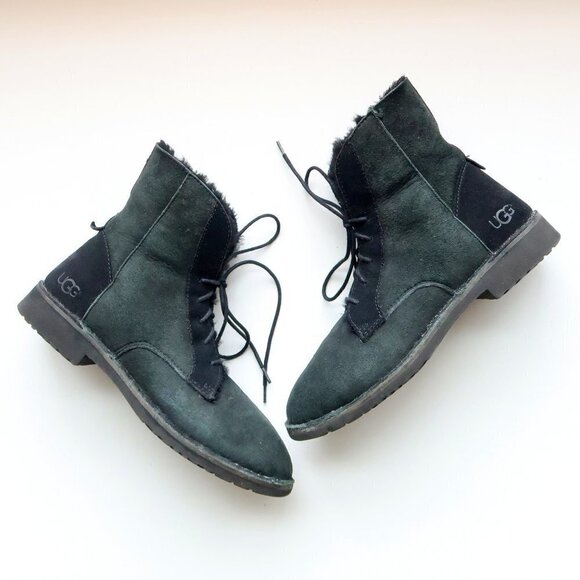 UGG Quincy Green & Black Sheep Leather Low Heel Winter Boots / Booties Size 10
